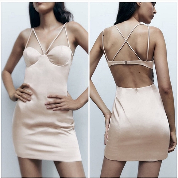 ZARA * SATIN EFFECT MINI DRESS BEIGE - Picture 2 of 11